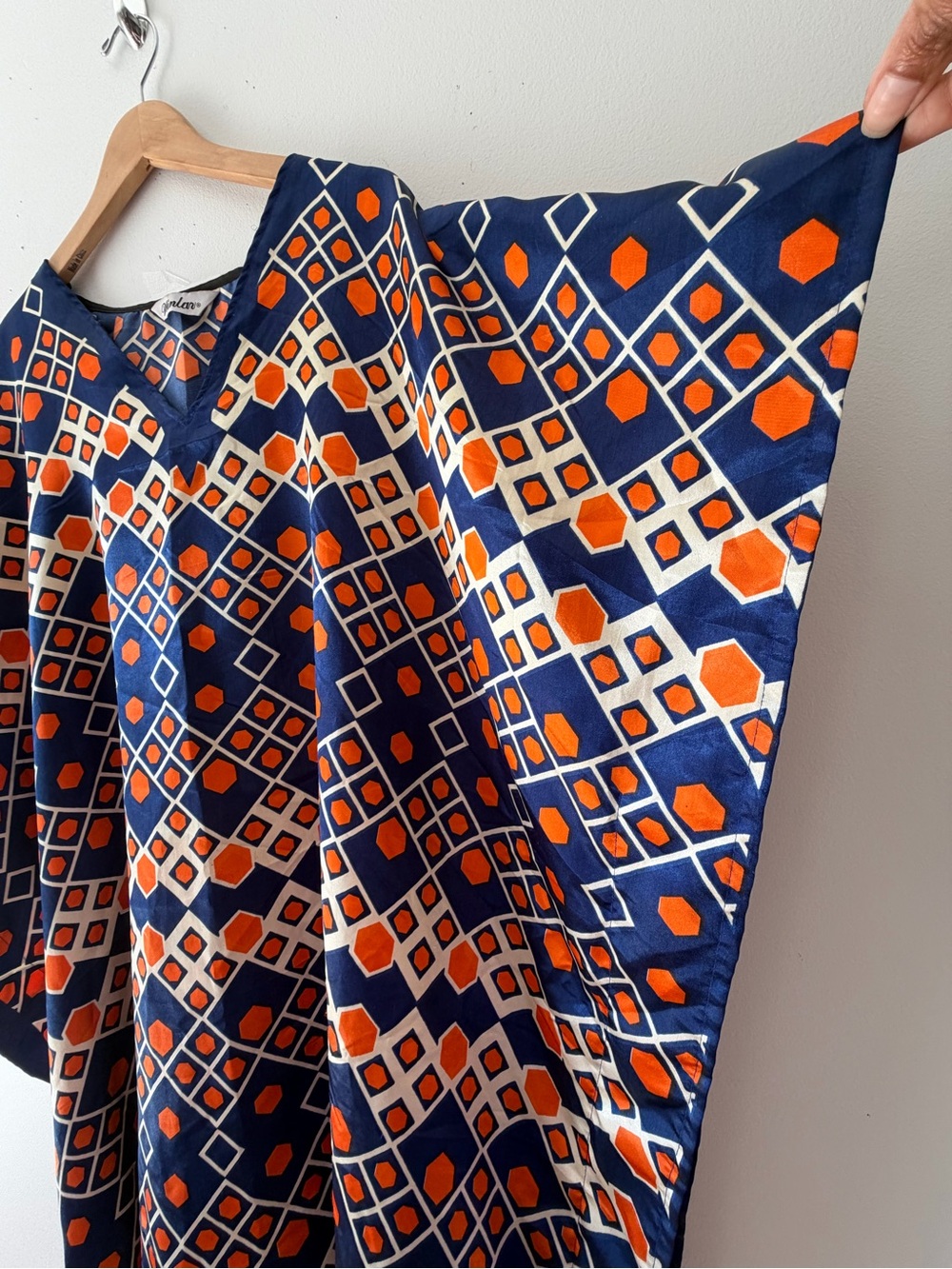 Winlar Geometric Kaftan Tunic Cover Up Navy Orange One Size Boho Resort Beach - Picture 6 of 7